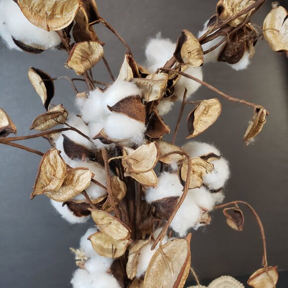 Farmhouse Natural Cotton Stems in a Burlap Vase Decor Country Floral Arrangement - Picture 5 of 8